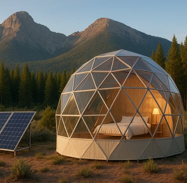 Off-grid eco-lodge in nature with solar panels.