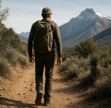 Solo traveler walking through a vast, quiet natural landscape.