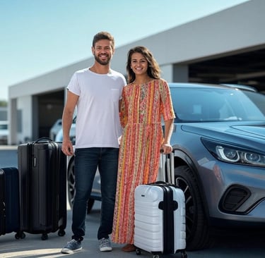 Happy travelers picking up a modern rental car under a blue sky, luggage beside them, relaxed vacation atmosphere.