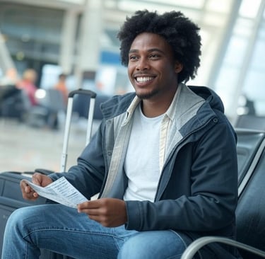 Traveler sitting in an airport, looking at their flight ticket with a relieved expression after receiving compensation, suitc