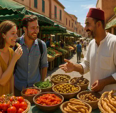 Travelers exploring local products at a sustainable market.