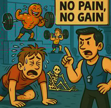 a man with a sign saying no pain