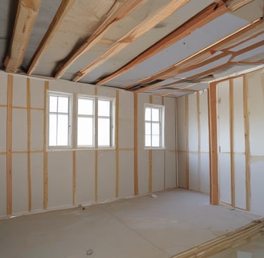A large, metallic duct system is attached to an exterior wall of a building. The ductwork is insulated with shiny, reflective silver material and connected to a vent or fan unit. Various electrical wires are visible running alongside the structure, and the building's wall has a light pink hue, bathed in warm sunlight.