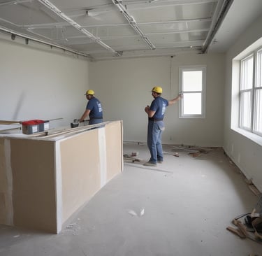 A building under construction with a wooden frame and scaffolding surrounding the structure. Green insulation material is visible on the walls, and various construction materials are present. The site signage includes safety warnings and indicates activity on the upper levels.