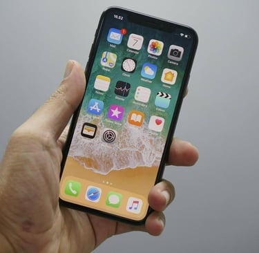 iPhone home screen held in hand