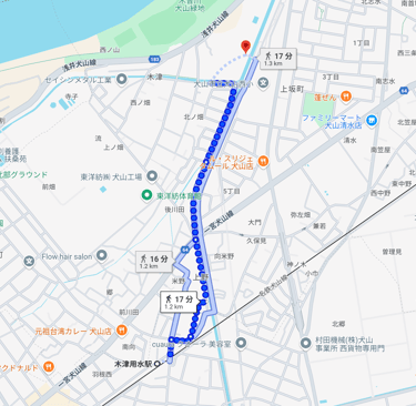木津用水駅から犬山中への道のり