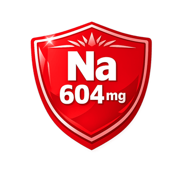 A red glossy shield icon displaying Na 604mg representing sodium content in milligrams.