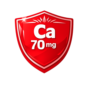 A glossy red shield icon labeled Ca 70mg, symbolizing calcium supplement bone health protection.