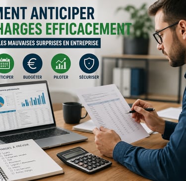 Entrepreneur analysant les charges et la trésorerie de son entreprise sur un tableau financier.