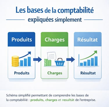 Schéma pédagogique des bases de la comptabilité montrant la relation entre produits, charges et résu
