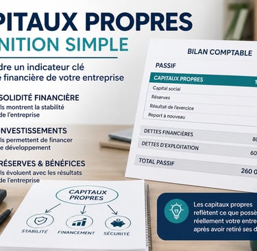 Illustration pédagogique des capitaux propres dans un bilan comptable avec graphiques financiers.