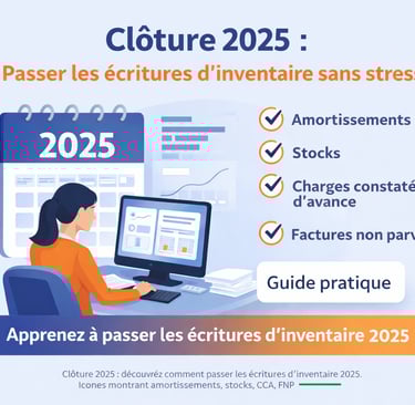 Clôture comptable 2025 avec passage des écritures d’inventaire : amortissements, stocks, charges con