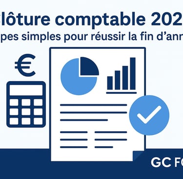 Illustration d’un bureau moderne avec documents comptables et graphiques bleus pour un article GC FO