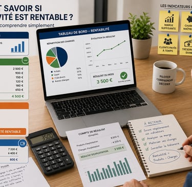 Entrepreneur analysant la rentabilité de son entreprise avec graphiques financiers et calculs compta