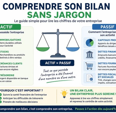 Illustration pédagogique expliquant simplement le bilan comptable avec actif, passif, trésorerie et