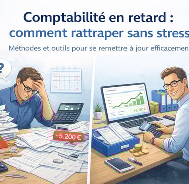 Illustration montrant un dirigeant débordé par une comptabilité en retard puis organisé et serein ap