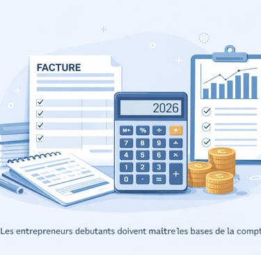 Illustration des bases de la comptabilité pour entrepreneurs débutants en 2026 avec factures, calcul