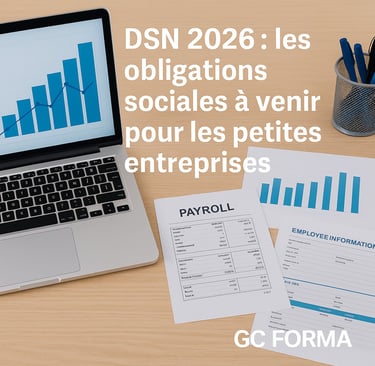 Illustration d’un bureau moderne avec ordinateur, fiches de paie et graphiques sociaux bleus symboli