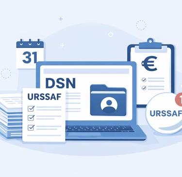 Illustration des obligations DSN et déclarations sociales en 2026 : documents sociaux, ordinateur et