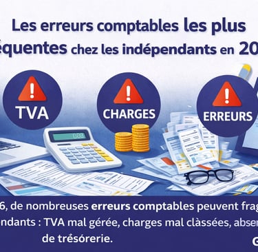 Illustration des erreurs comptables les plus fréquentes chez les indépendants en 2026 : TVA, charges