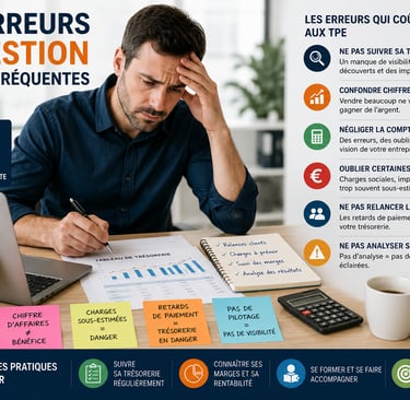 Dirigeant de TPE analysant des erreurs de gestion et des indicateurs financiers sur un bureau profes