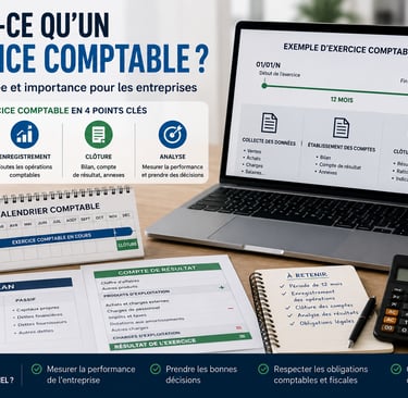 Illustration professionnelle représentant un exercice comptable avec calendrier, bilan comptable et 