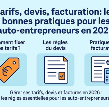 Auto-entrepreneur 2026 : bonnes pratiques pour fixer ses tarifs, rédiger des devis et établir des factures conformes.