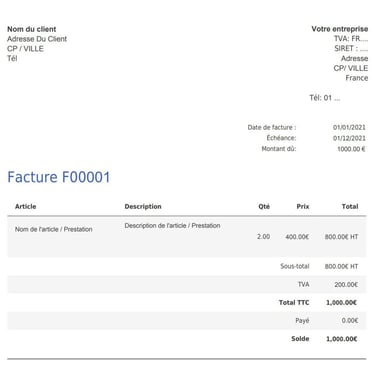 Exemple de facture avec mentions obligatoires et calcul de TVA pour une entreprise