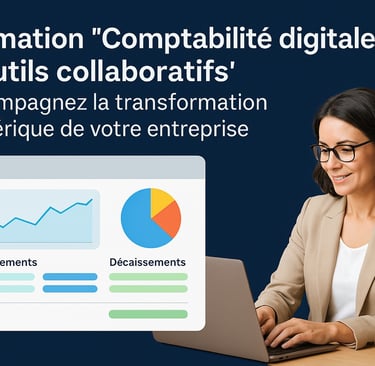 Femme travaillant sur un ordinateur avec un tableau de bord numérique illustrant encaissements, déca