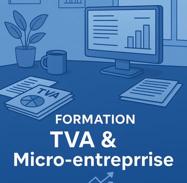 Illustration d’un bureau moderne avec ordinateur, documents fiscaux et graphiques bleus symbolisant