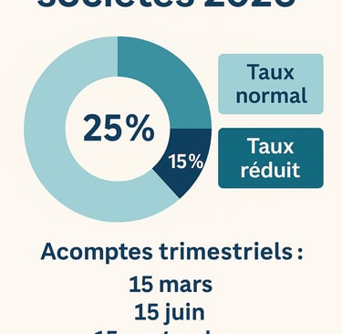 Graphique illustrant les taux d’impôt sur les sociétés en 2026, avec le taux normal à 25 %, le taux