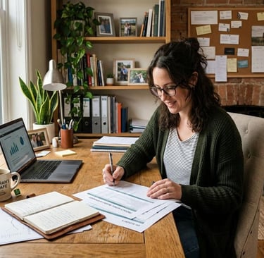 Entrepreneur analysant un compte de résultat et les finances de son entreprise sur un ordinateur
