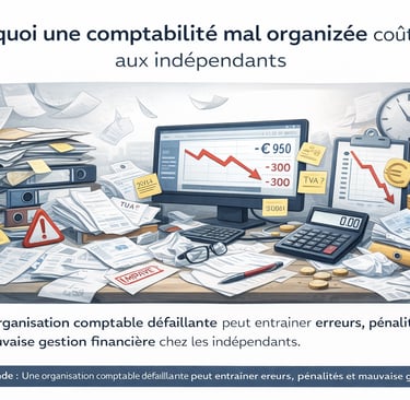 Illustration montrant une comptabilité mal organisée chez un indépendant entraînant erreurs, stress 
