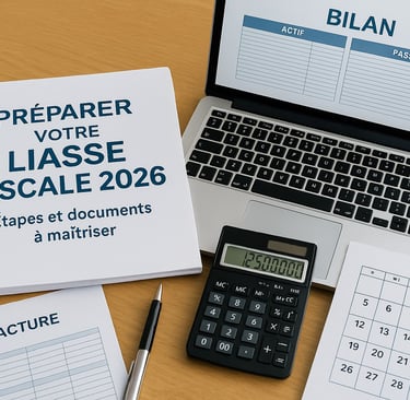 Illustration de la préparation de la liasse fiscale 2026 pour une TPE avec documents comptables, ord