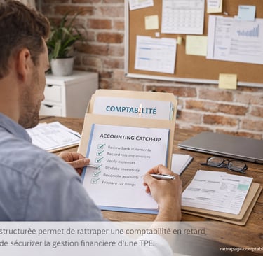 Rattrapage d’une comptabilité en retard dans un bureau organisé avec checklist financière et documen