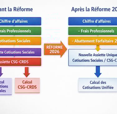 Schéma explicatif de la réforme de l’assiette sociale et des cotisations des indépendants en 2026
