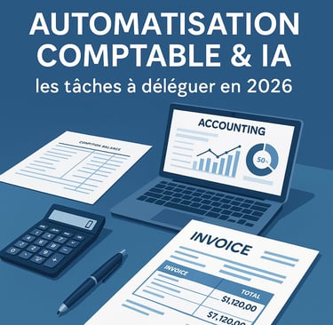 Image illustrant l’automatisation comptable et l’IA en 2026 avec ordinateur, factures, calculatrice