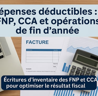 Image illustrant les dépenses déductibles de fin d’année, avec documents comptables, facture, graphi