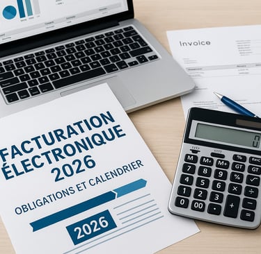 Image illustrant la facturation électronique 2026 avec documents, ordinateur, facture et calculatric
