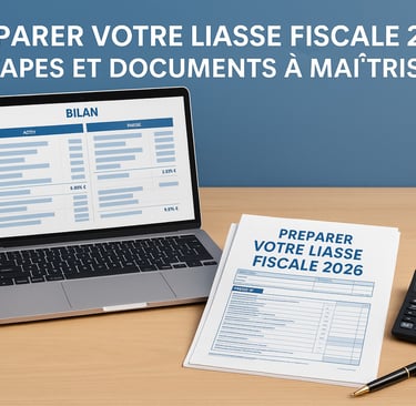 Visuel professionnel illustrant la préparation de la liasse fiscale 2026 avec documents fiscaux, bil