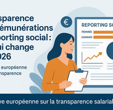 Illustration d’une femme consultant un reporting social avec graphiques sur les écarts de rémunérati