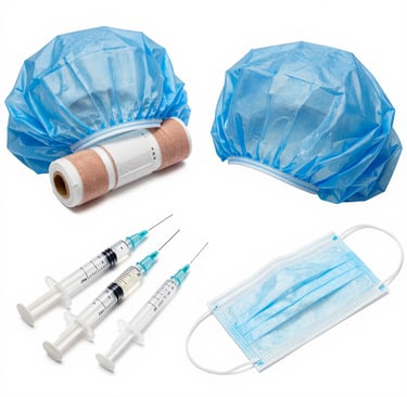 foleys catheter, urine bag, syringes, mask , surgical caps ,roller bandages