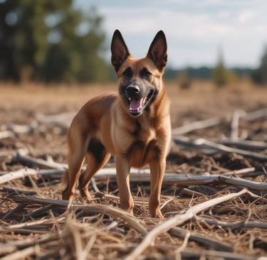Dog holds a stick while a hand reaches out.