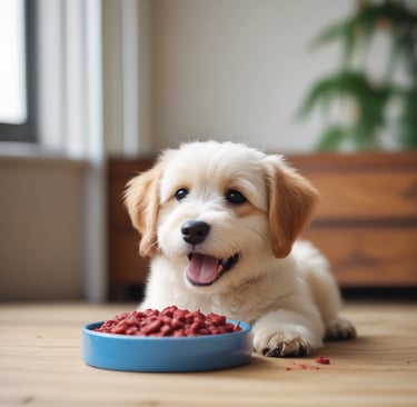 Dog enjoys a colorful meal from its interactive dish.