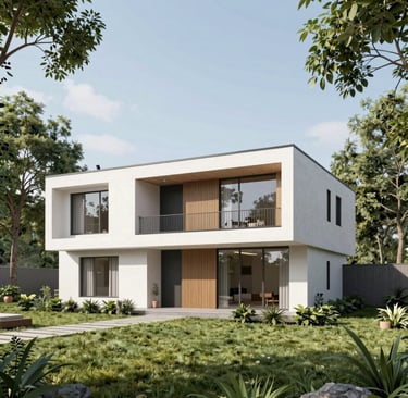 Modern two-story minimalist house with white facade, wood accents, and a lush green lawn.