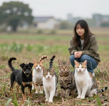 A group of tabby cats and a small black puppy standing in a field with a woman in the background.