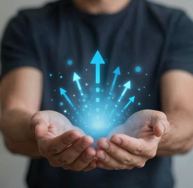 Man holding glowing blue arrows symbolizing business growth, financial success, and upward progress.