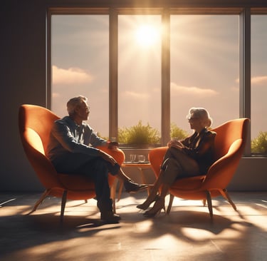 a man and woman sitting in chairs in a room