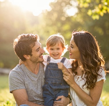 Happy family with a young child playing outdoors in a sunny park at sunset.