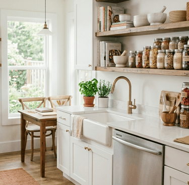 A bright, organized kitchen with labeled glass jars on open shelving and emergency water storage.